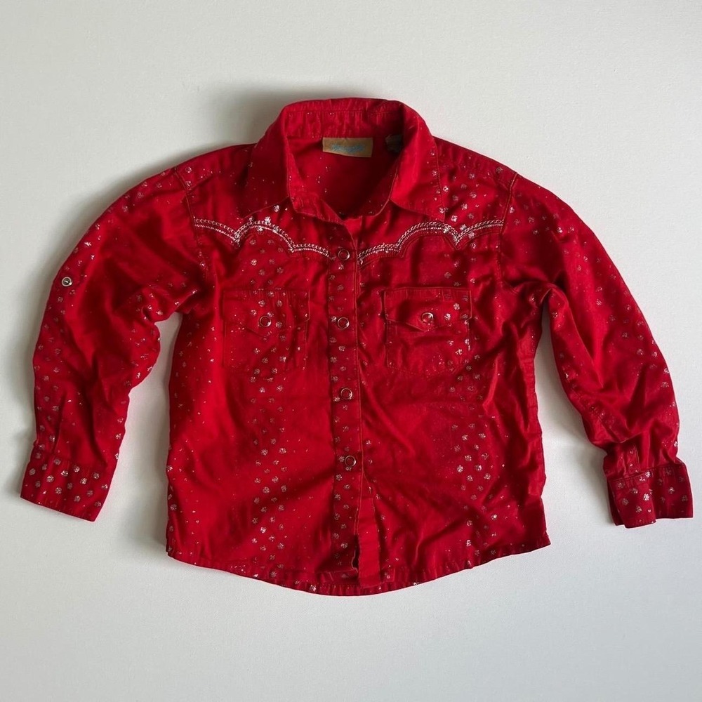 Wrangler Girls Red Silver Metallic Foil Dot Western Snap Shirt XS 4
